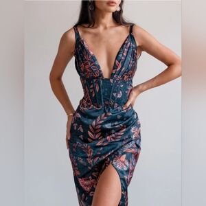 NWT Averie Halley Draped Midi Dress XXL Flowery Print Silky Exotic Vivid Pleated